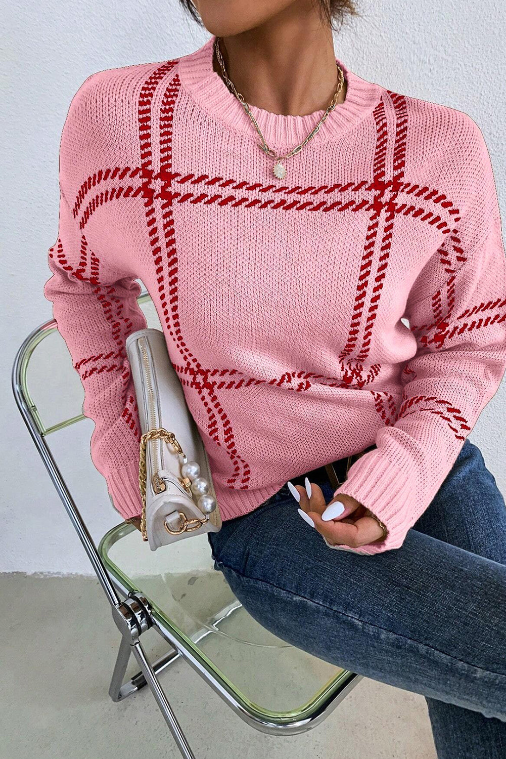 Pink shoulder pink sweater knitted with Scottish pattern*