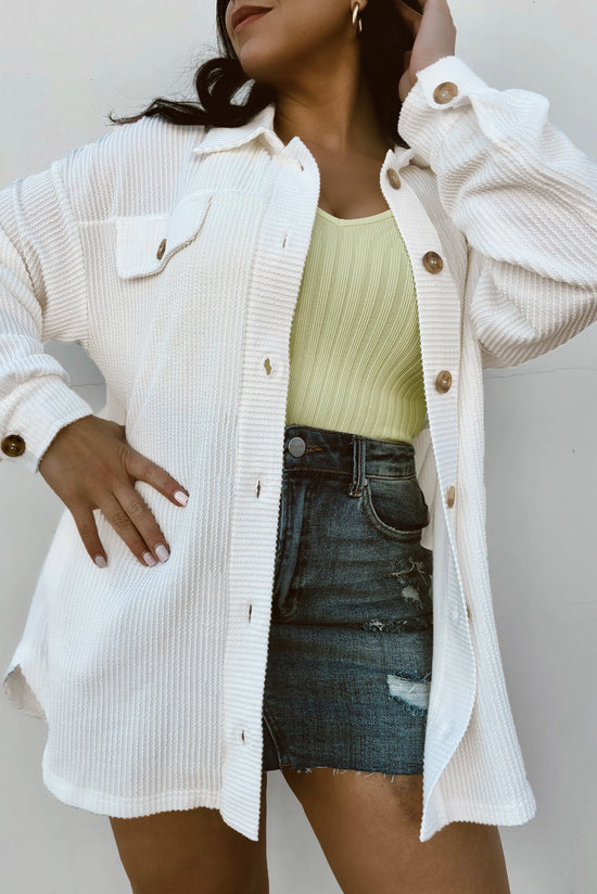 Plus Size Solid White Drop Shoulder Drawstring Jacket