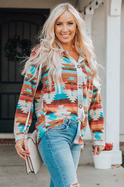 Long sleeve shirt with buttoned pocket and multicolored aztec print