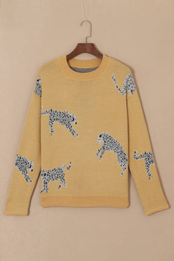 Fuzzy camel crew neck sweater with cheetah accent