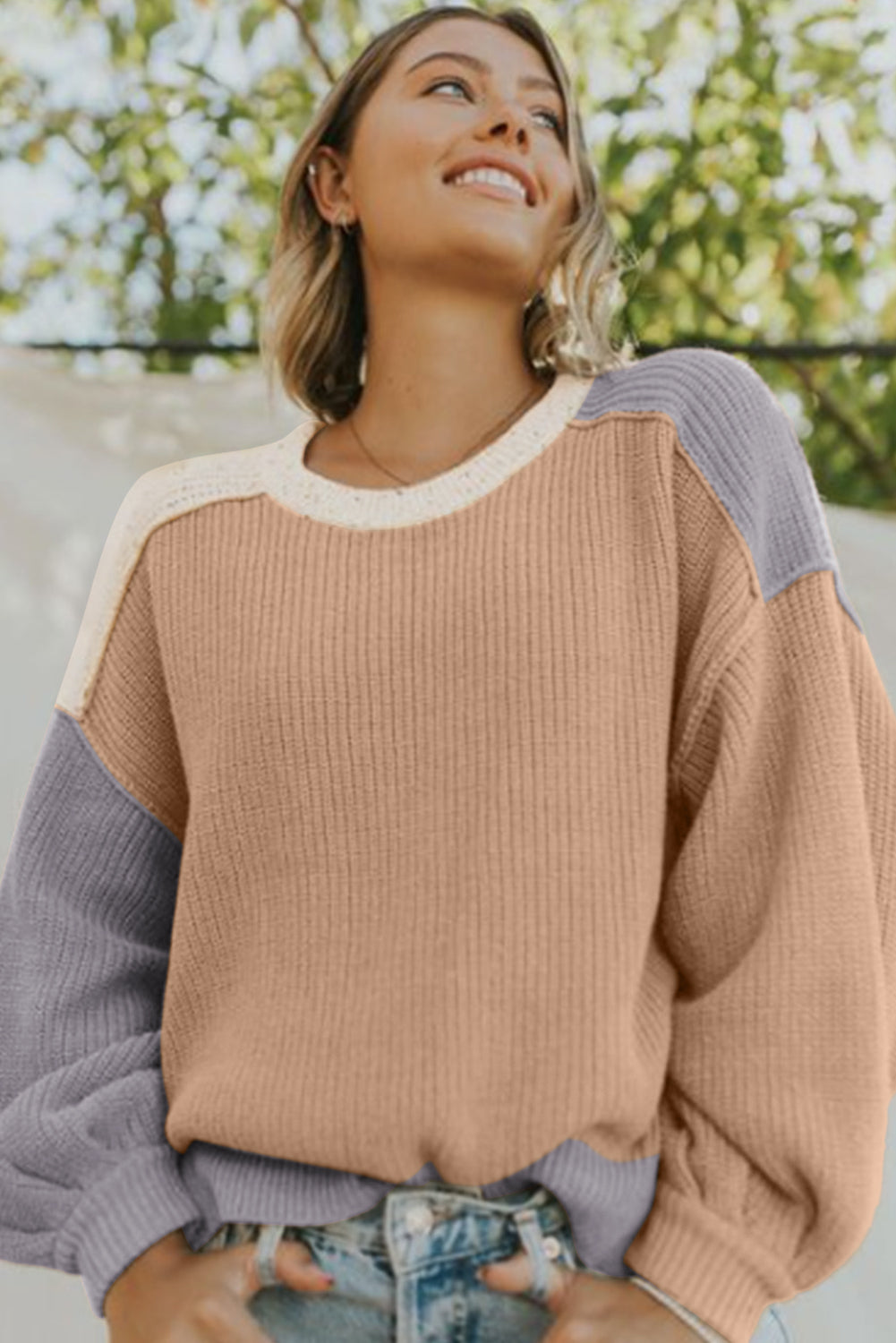 Multicolored color block patchwork loose sweater