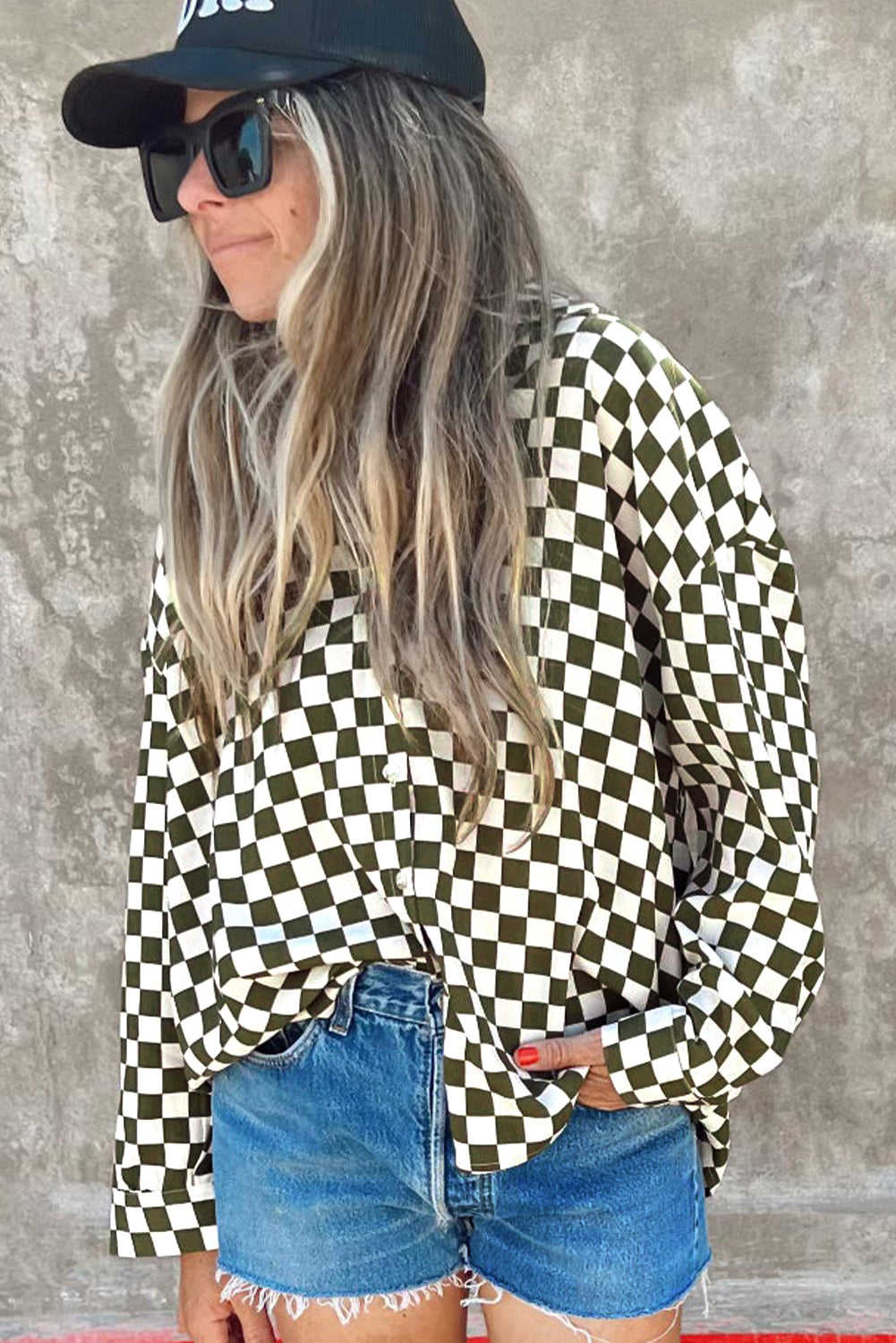 Chemise décontractée ample imprimée à damier à épaules tombantes verte-A WOMAN WE LOVE