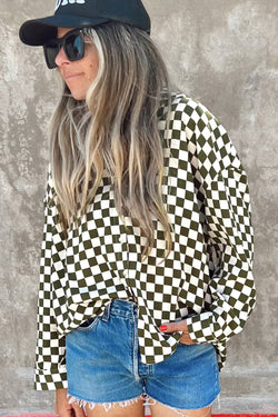 Ample -printed lady -like shirt with green shoulder checkered