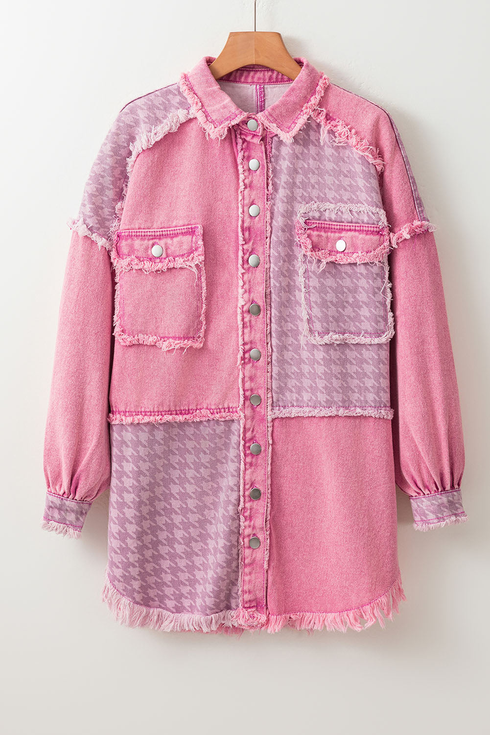 Pink Retro Distressed Houndstooth Patchwork Denim Jacke