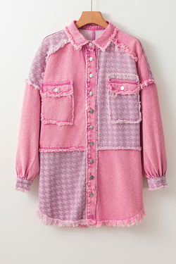 Veste en jean patchwork pied-de-poule effet vieilli rose rétro