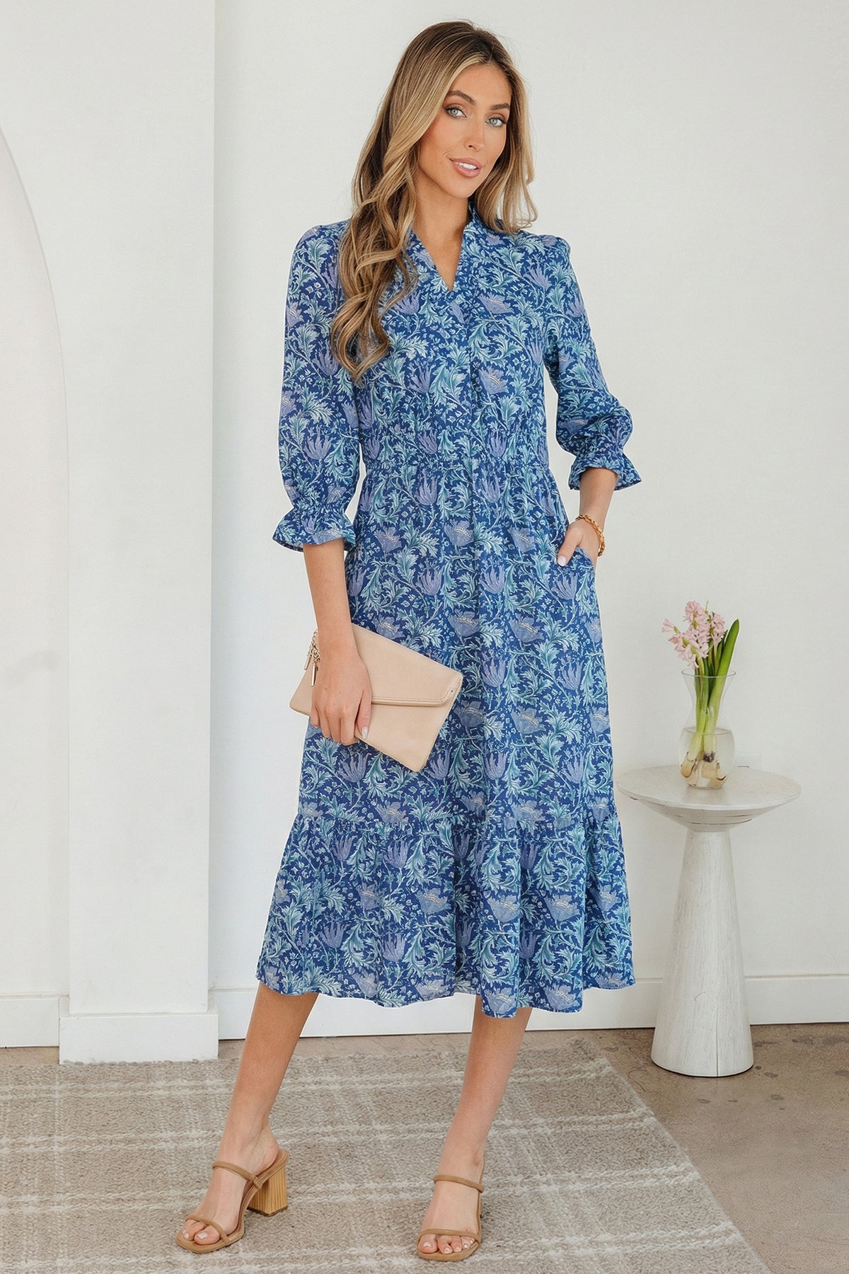 Robe longue bleu à imprimé floral