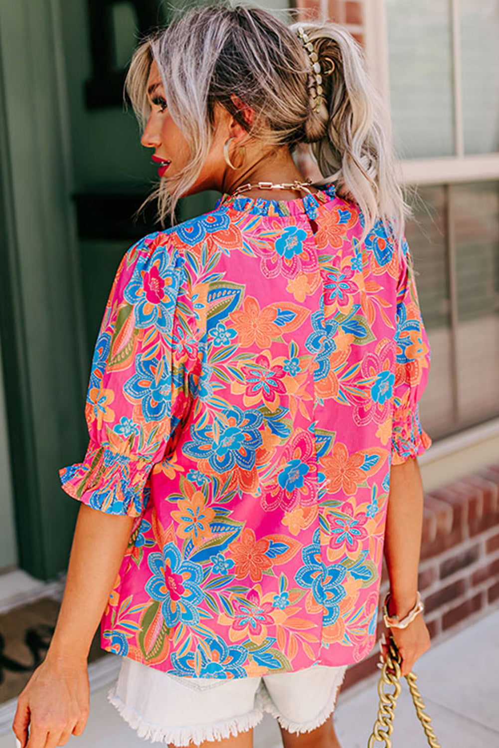 Rose Frilly Mock Neck Short Puff Sleeve Floral Blouse