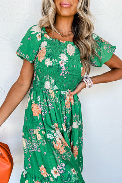 Green Floral Print Tiered Smocked Midi Dress