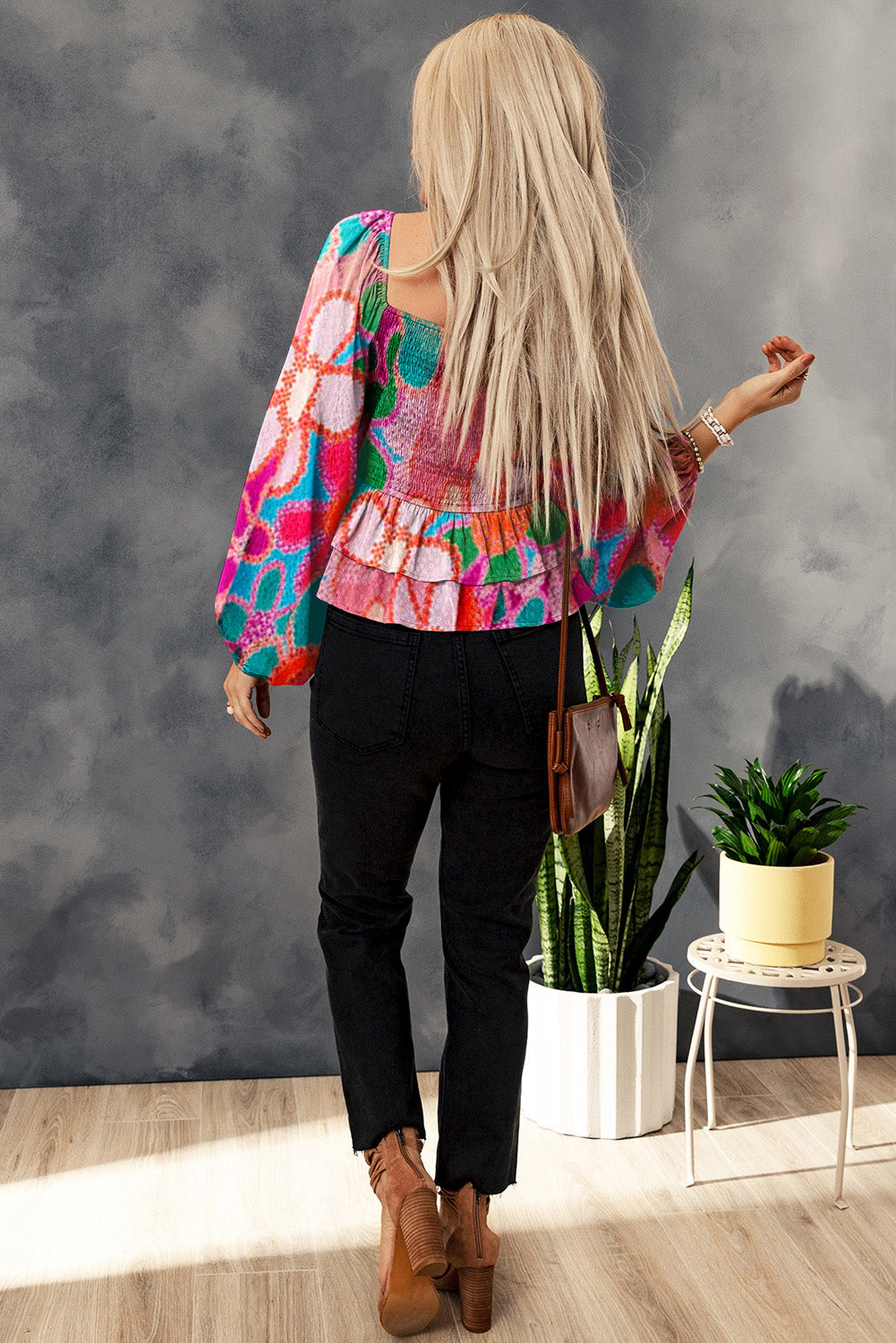 Blusa multicolor estampada de cuello cuadrado con estampado floral