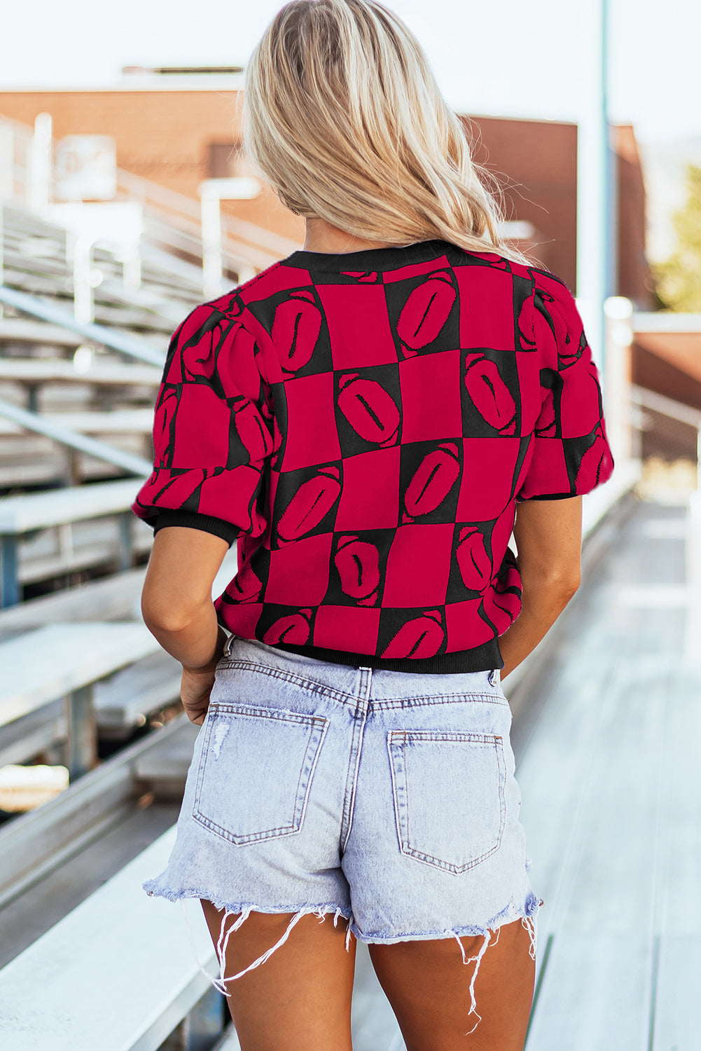 Pull rouge à manches courtes bouffantes en blocs de couleurs à carreaux Rugby