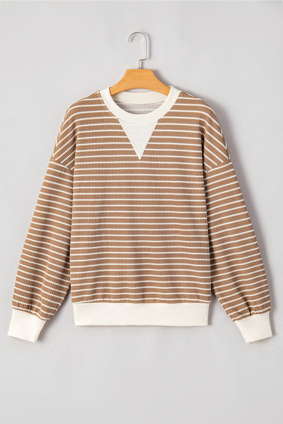 Khaki Textured Striped Crew Neck Long Sleeve Top with Patched Edges