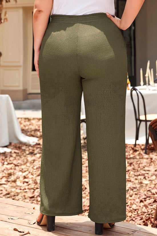 Pantalon décontracté taille haute froncé texturé de grande taille vert jungle