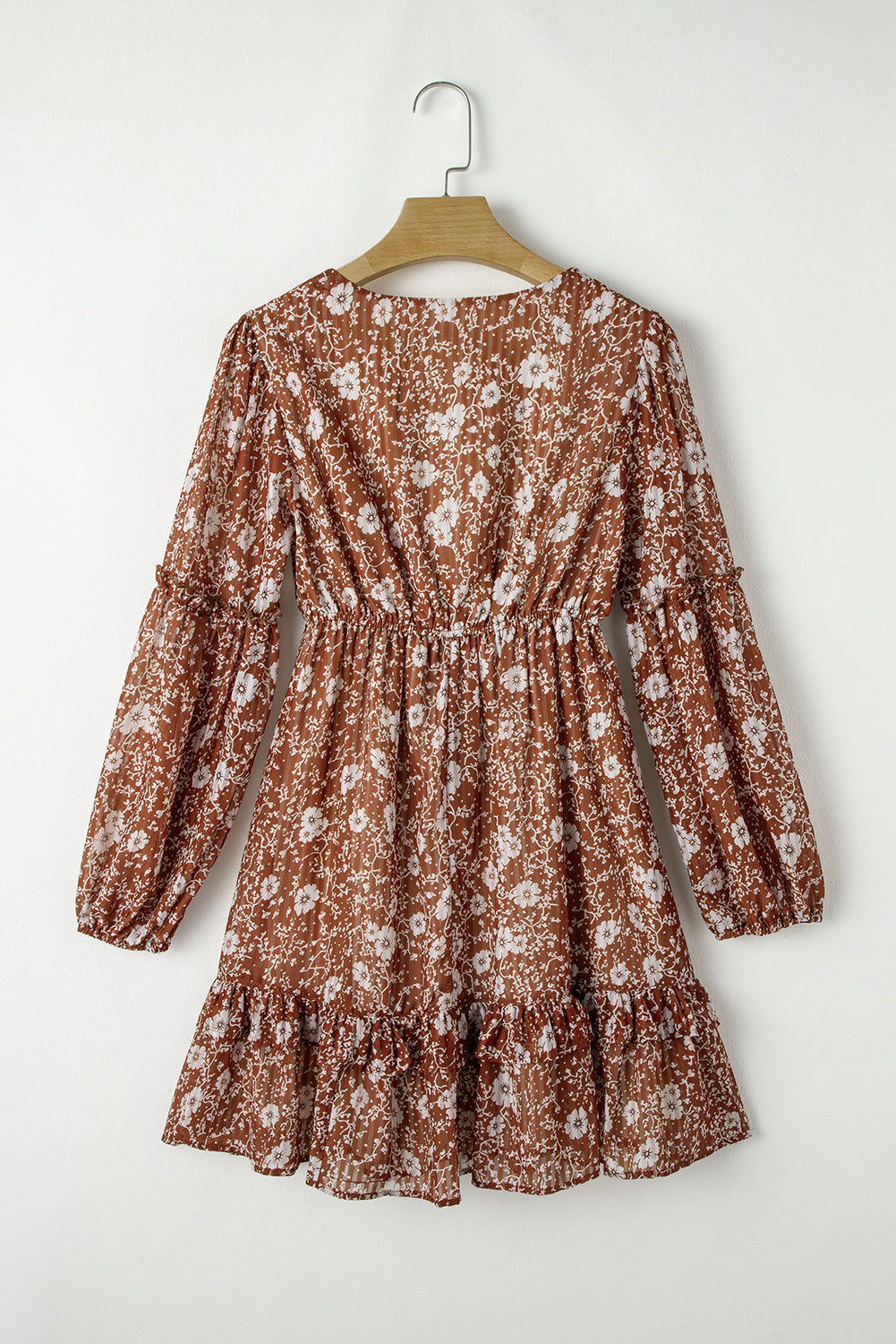 Brown V-Neck Ruffle Puff Sleeve Floral Boho Mini Dress