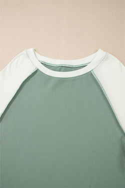 Mint Green Color Block Patchwork Ribbed Raglan Long Sleeve Top