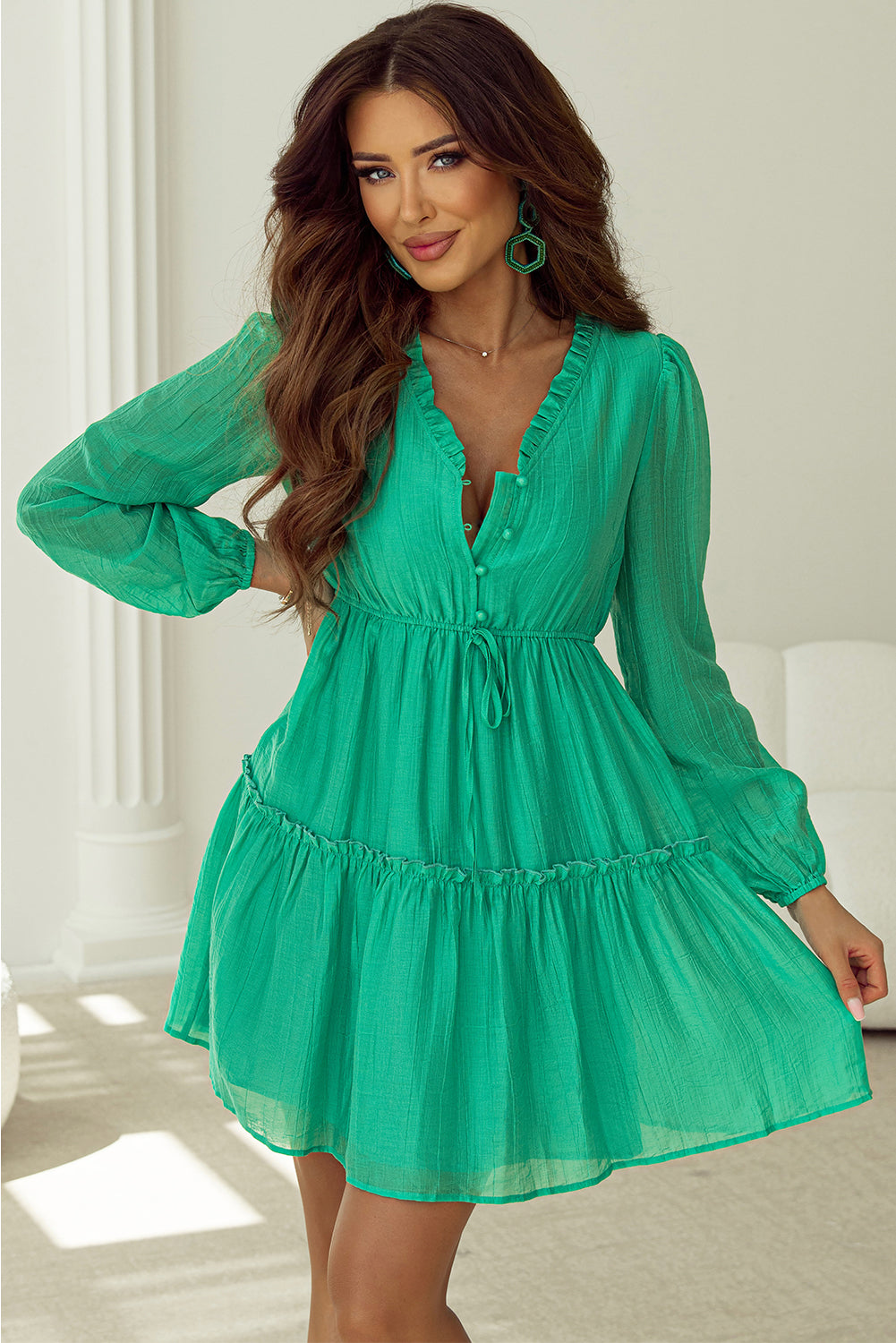 Straight ruffled mini dress with v-neck, puff sleeves, drawstring, sea green