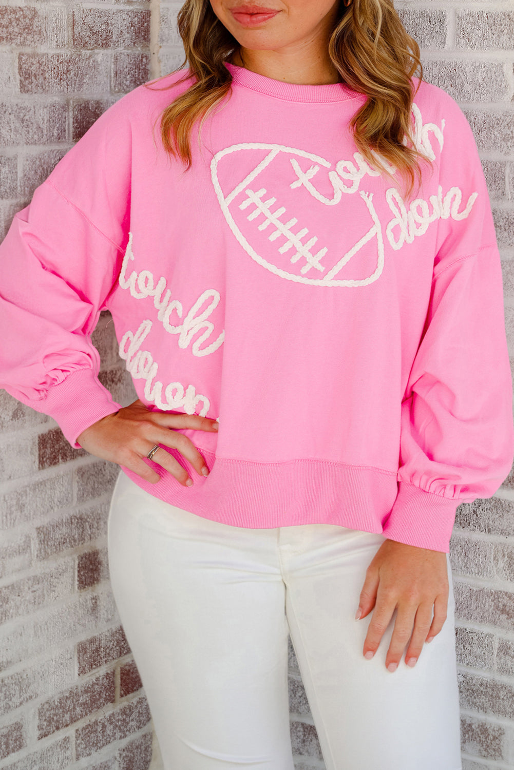 Sweat-shirt brodé rose Touch Down Rugby Football grande taille