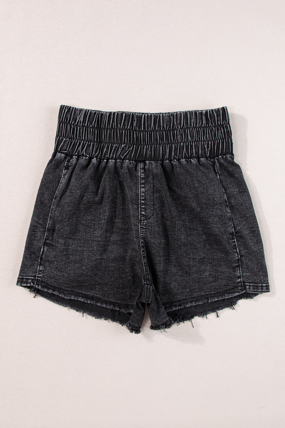 Black Smocked High Waisted Denim Shorts Mineral Wash