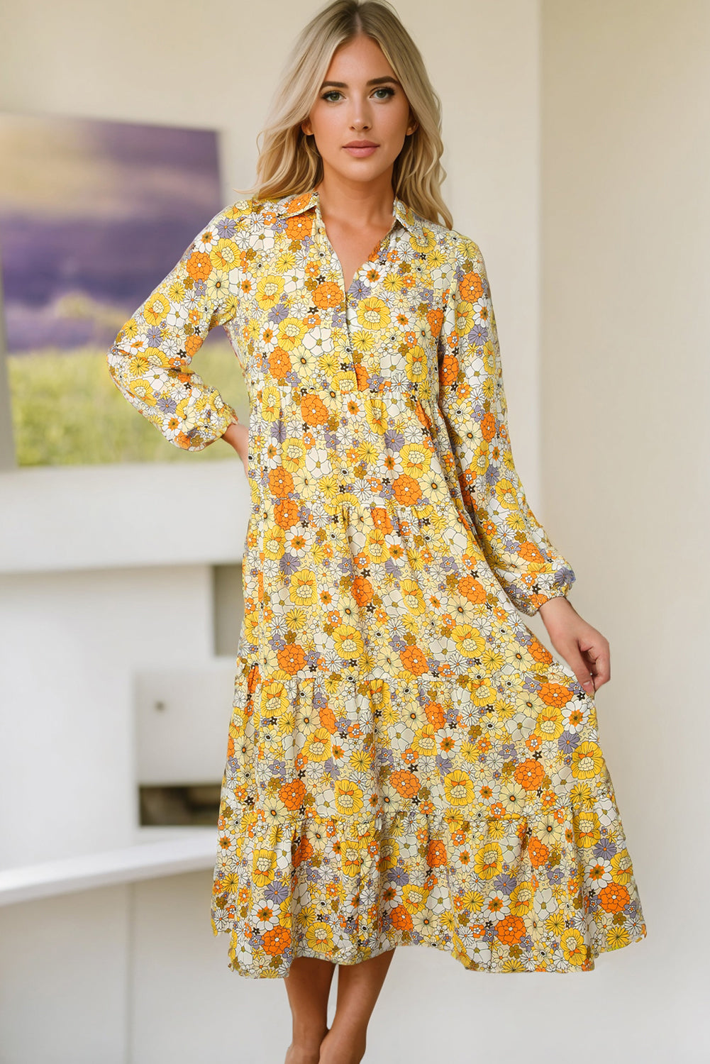 Robe jaune à volants et manches longues à col floral style bohème