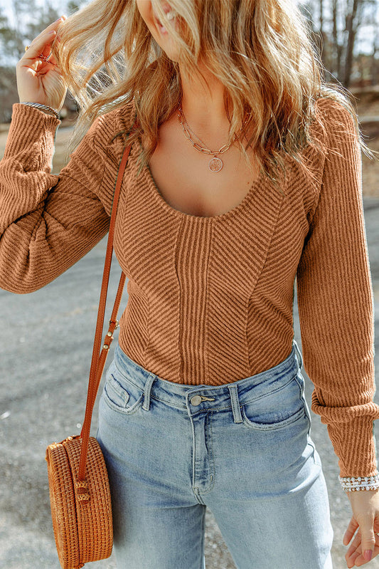 Brown U Neck Textured Long Sleeve Top