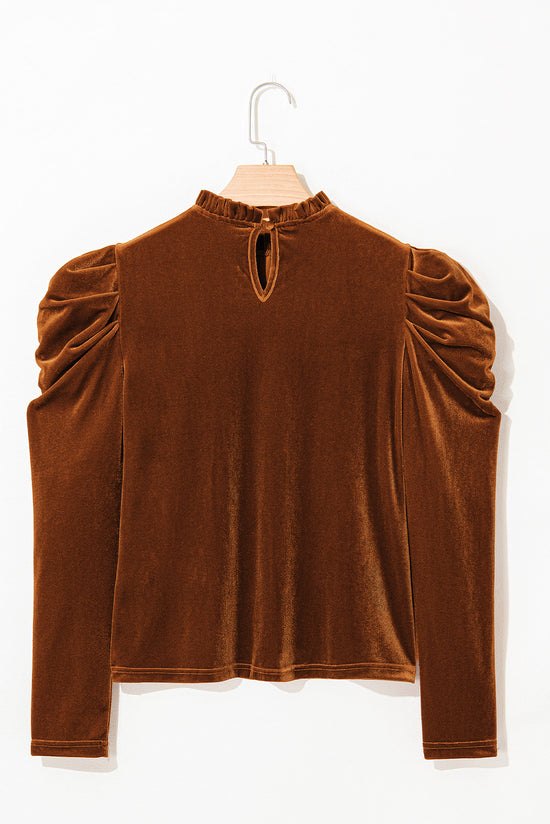 Chestnut velvet top with puffed sleeves and ruffled collar