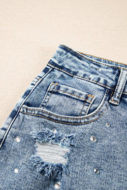 Mini-jupe taille haute en Jean effet vieilli avec strass *