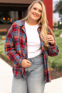 Chemise Boutonnée Imprimée à Carreaux Rouge Grande Taille