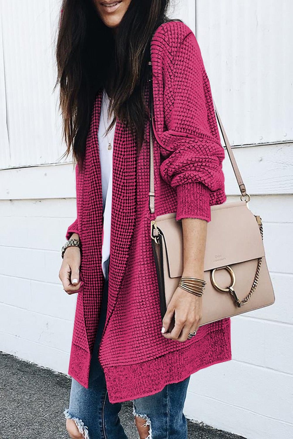 Rose Plaid a maglia a maglia con cardigan anteriore aperto lungo