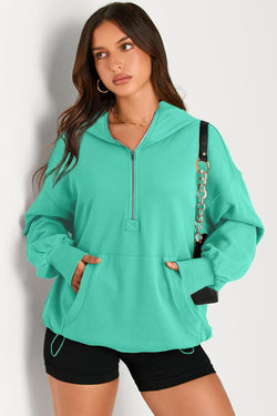 Aruba Blue Solid Half Zip Oversized Hoodie with Kangaroo Pocket