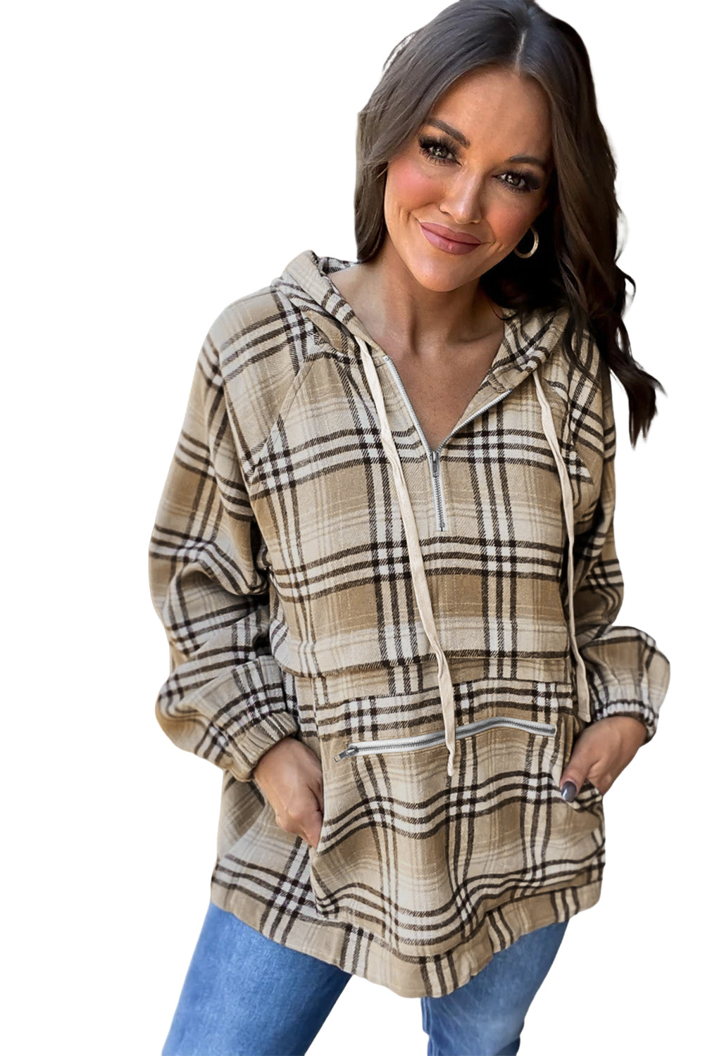 Khaki Printed Zipped Front Pullover Plaid Hoodie