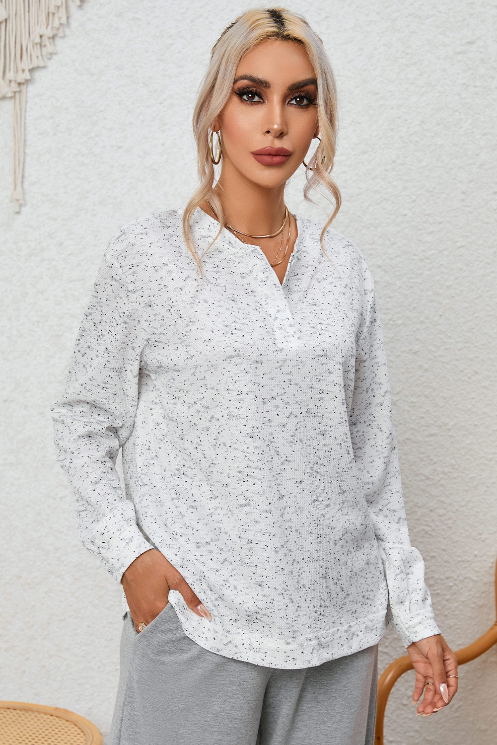 Heather Grey Ribbed Knit Long Sleeve Henley Top