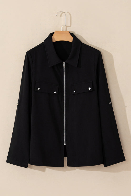 Black and sleeve black jacket with zipper and flap