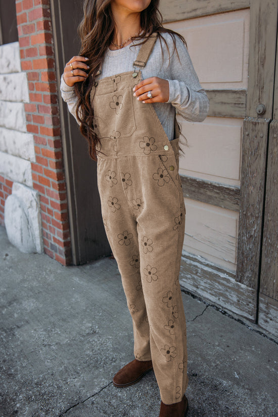 Khaki corduroy overalls with floral print