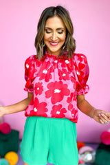 Chemisier fleurie rose à manches bouffantes et encolure à volants-A WOMAN WE LOVE