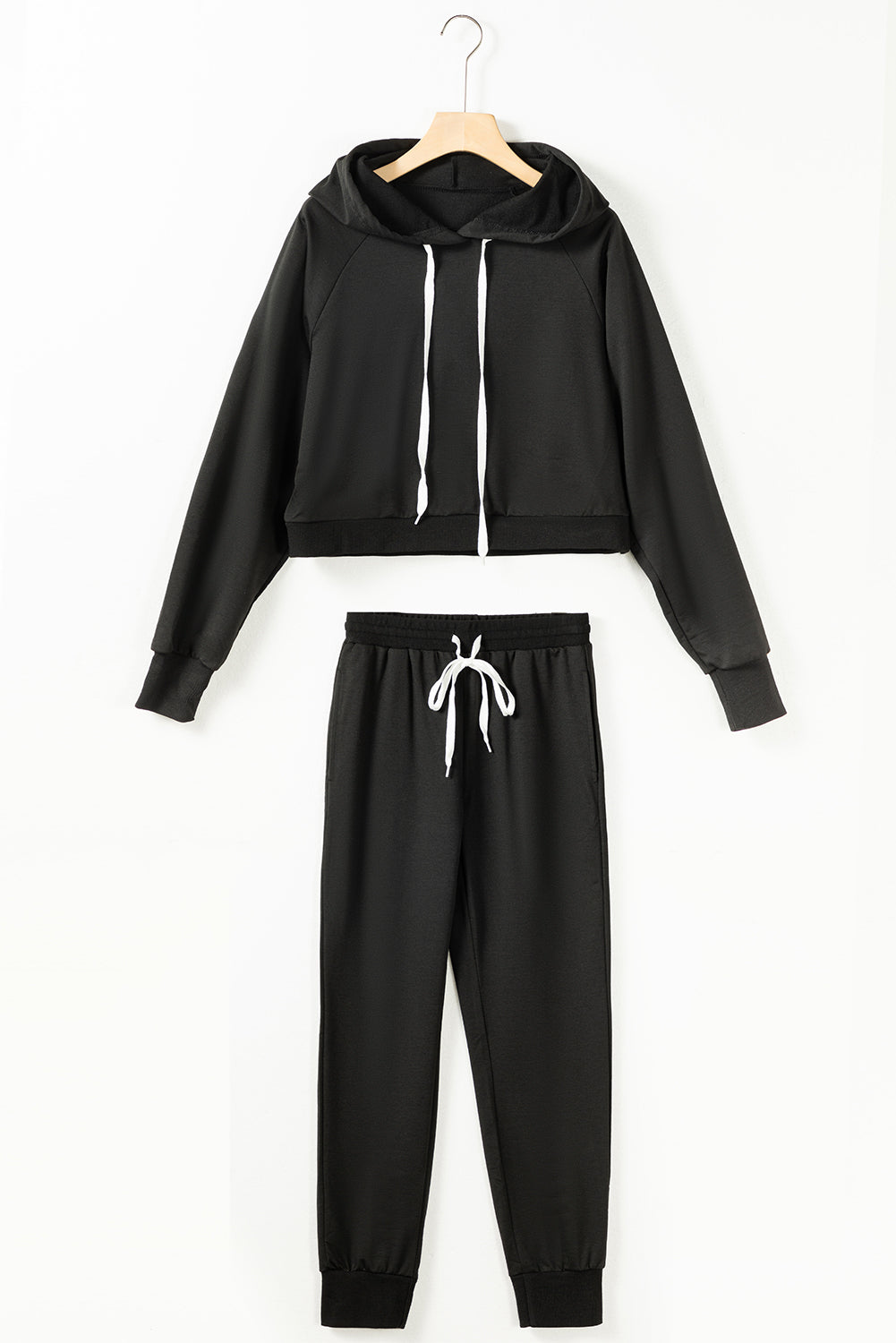 Black Hooded Drawstring Lounge Set with High Waisted Pants