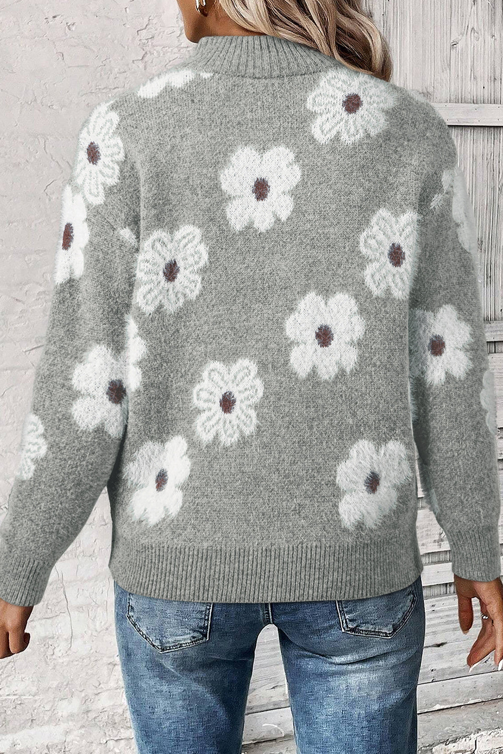 Pull gris à motif floral avec demi-zip et épaules tombantes