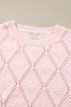 Gossamer Pink Openwork Plaid Puff Sleeve Cropped Sweater