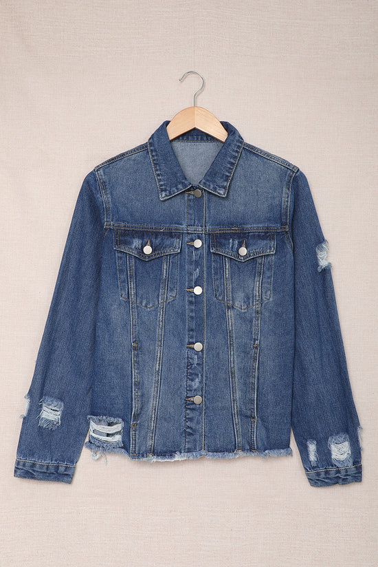 Blue distressed denim jacket with lapels and raw hem buttons