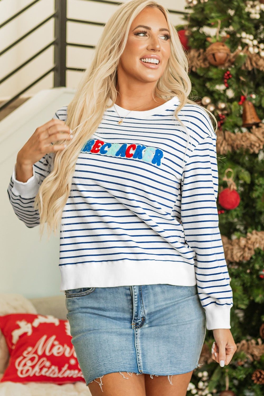FIRECRACKER Blue Striped Chenille Embroidered Sweatshirt