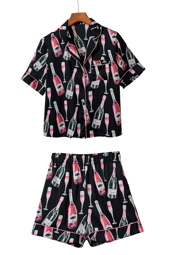 Single pajamas with short sleeves and black champagne print