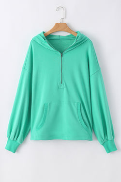 Aruba Blue Solid Half Zip Oversized Hoodie with Kangaroo Pocket