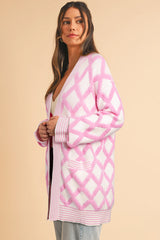 Cardigans en tricot à motif losange rose, ouverts sur le devant, avec poches-A WOMAN WE LOVE