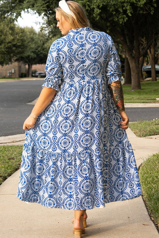 Long dress with geometric print laces and notched collar, large size, sky blue