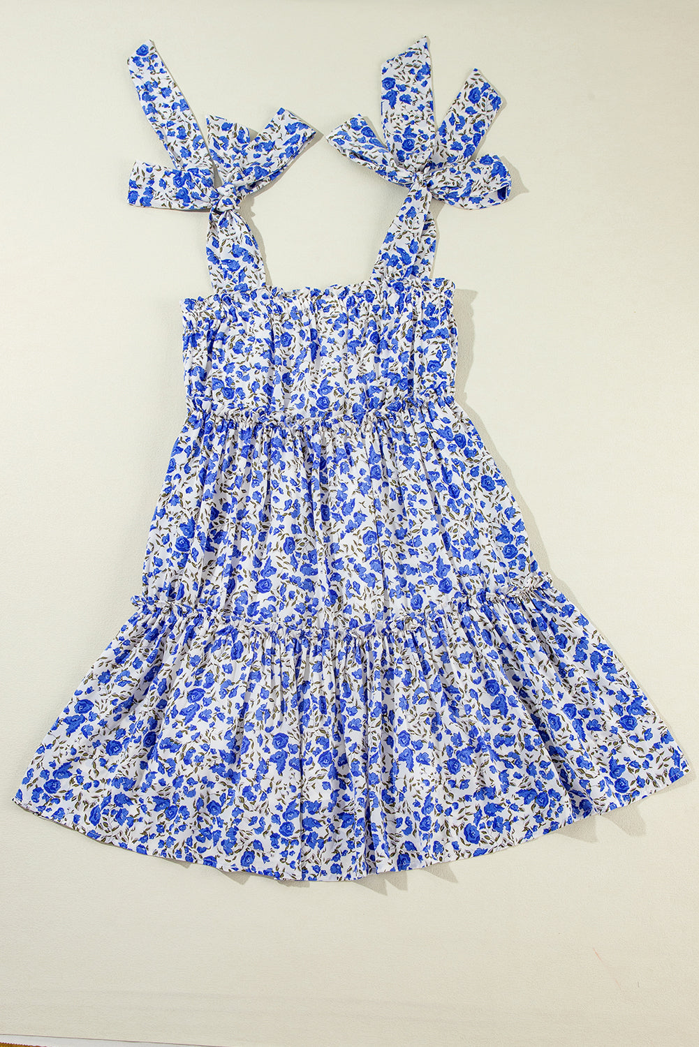 Blue Floral Knotted Straps Tiered Babydoll Dress