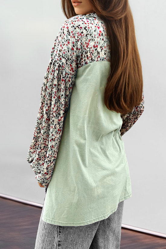 Meadow Mist Green Contrast Print Bubble Sleeve Loose Henley Top with Slits