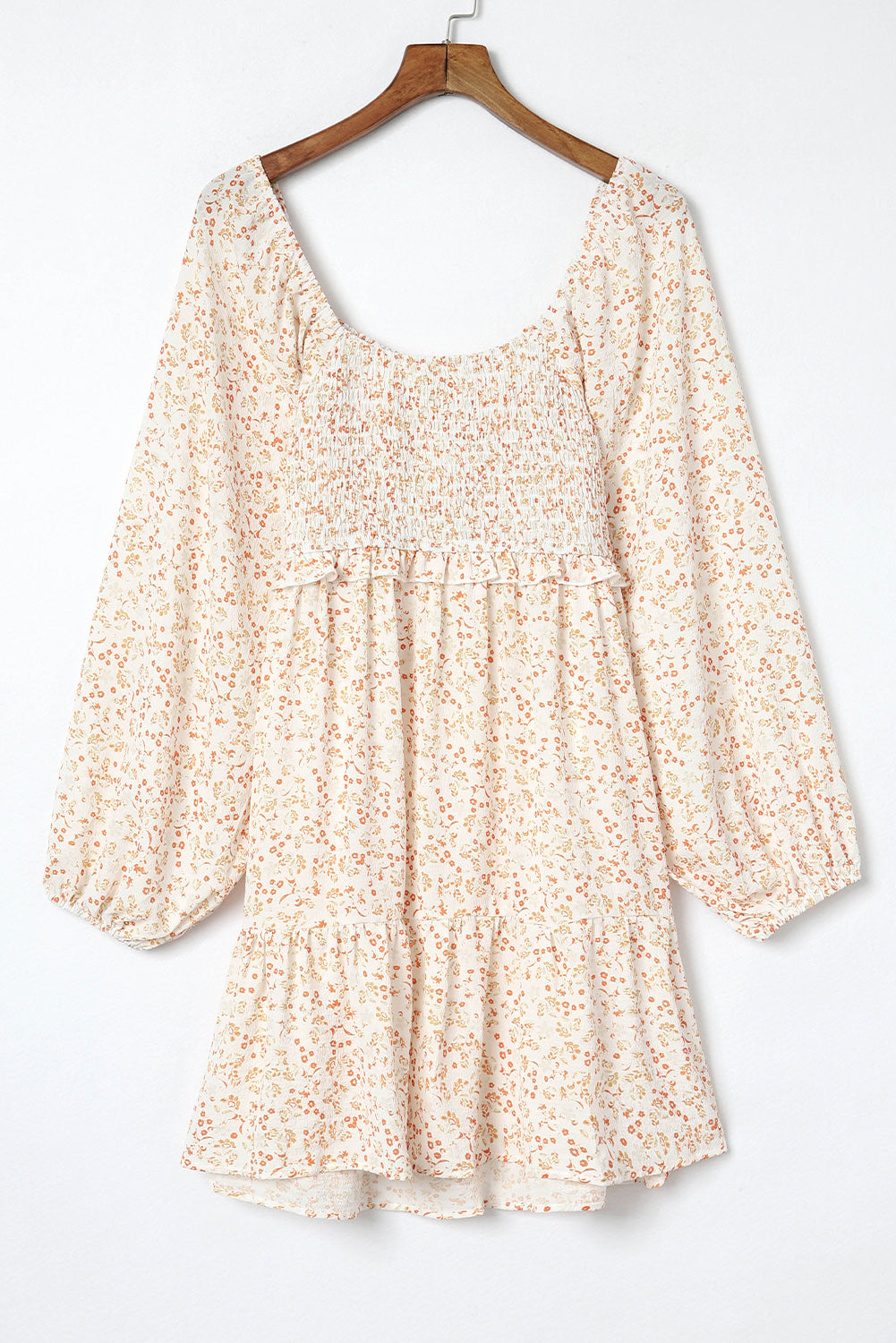 Apricot smocked puff sleeve floral bohemian mini dress