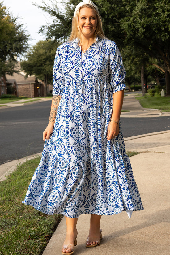 Long dress with geometric print laces and notched collar, large size, sky blue