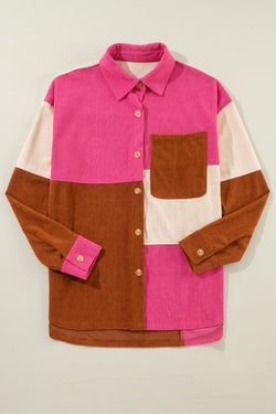 Rose Red Color Block Curved Hem Corduroy Jacket with Pocket