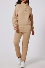 Ensemble sweat-shirt demi-bouton uni Parchment et pantalon de survêtement taille haute-A WOMAN WE LOVE