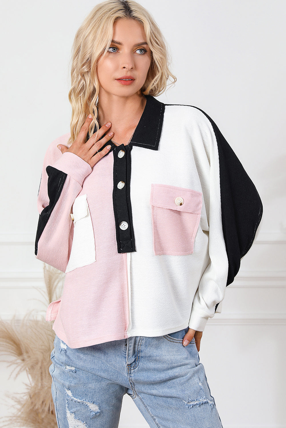Multi-colored Henley Neck Top with Color Block Flap Pockets