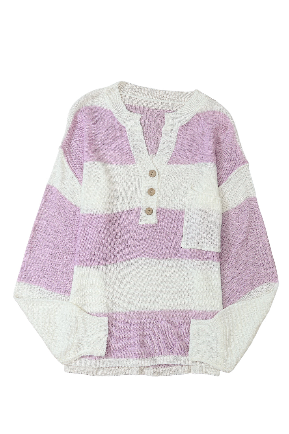 Pink Striped Strick Knopf Rippen geteiltes Nackenpullover